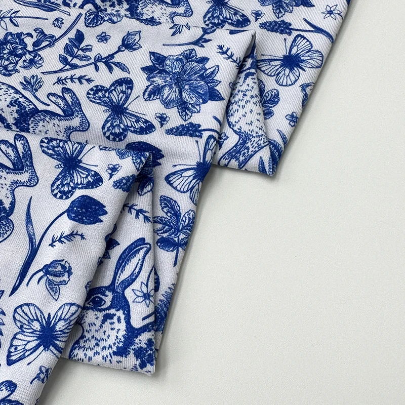 Bamboo Spandex Stretch Custom Design Low MOQ Rabbits and Butterfly Botanical Green Monochrome Organic Fiber Fabric Baby Blanket