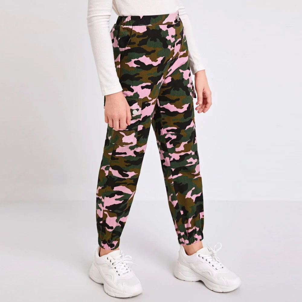 Custom Cargo Pants Full Length Tween Girl Flap Pockets Side Camo Pants Camouflage for Kids