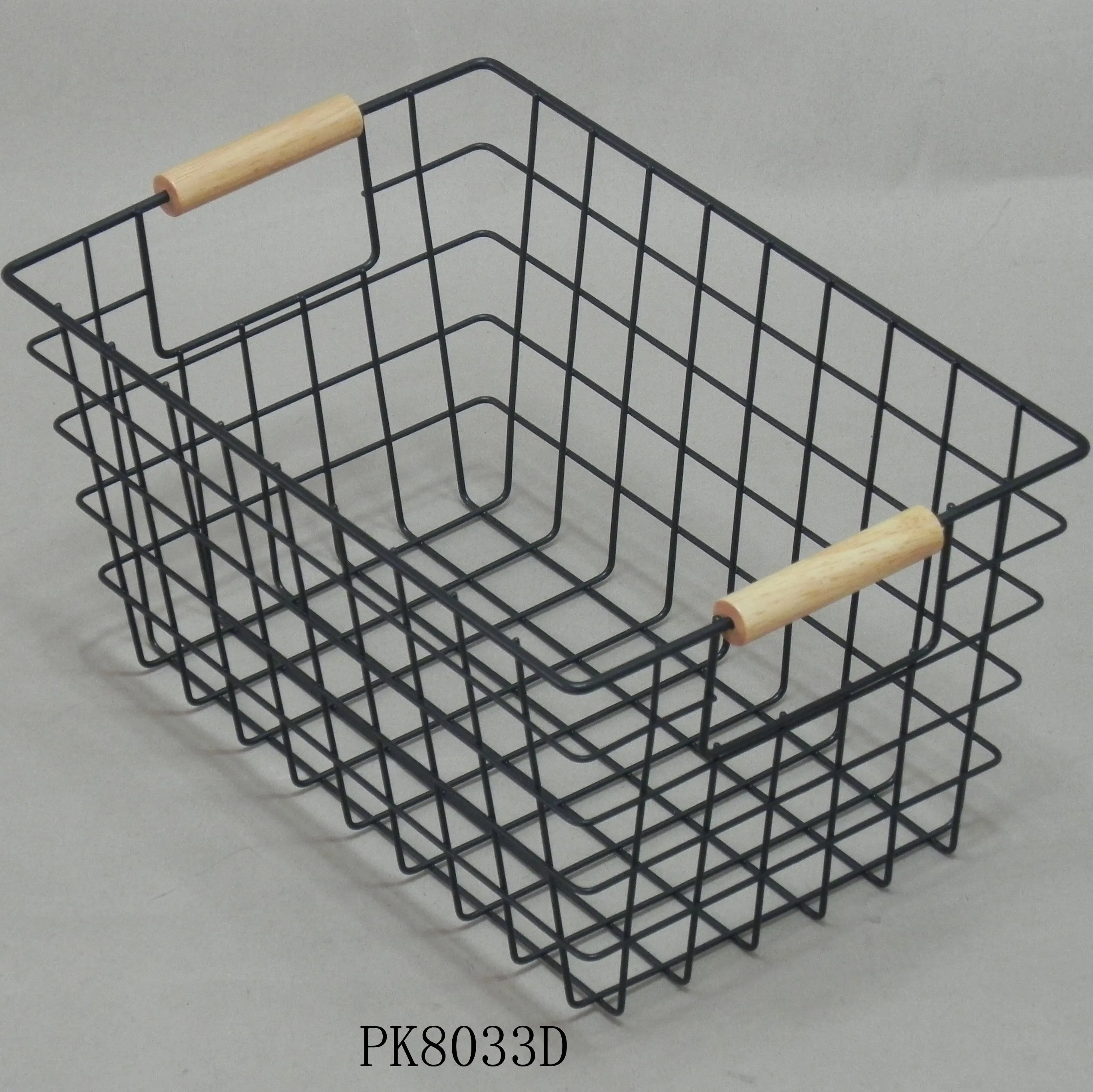 Wholesale powder coated white color metal toys organizer baskets with wood handle kitchen wire fruit vegetables storage baskets