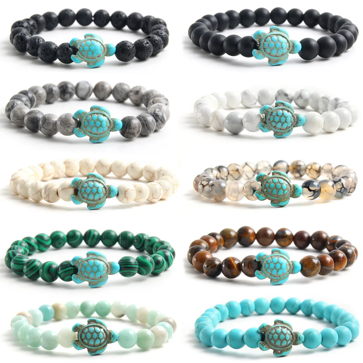 8mm Ocean Animals Summer Style Sea Turtle Synthetic White Pine Volcanic Stone Blue Pine Turquoise Nature Stone Bead Bracelet