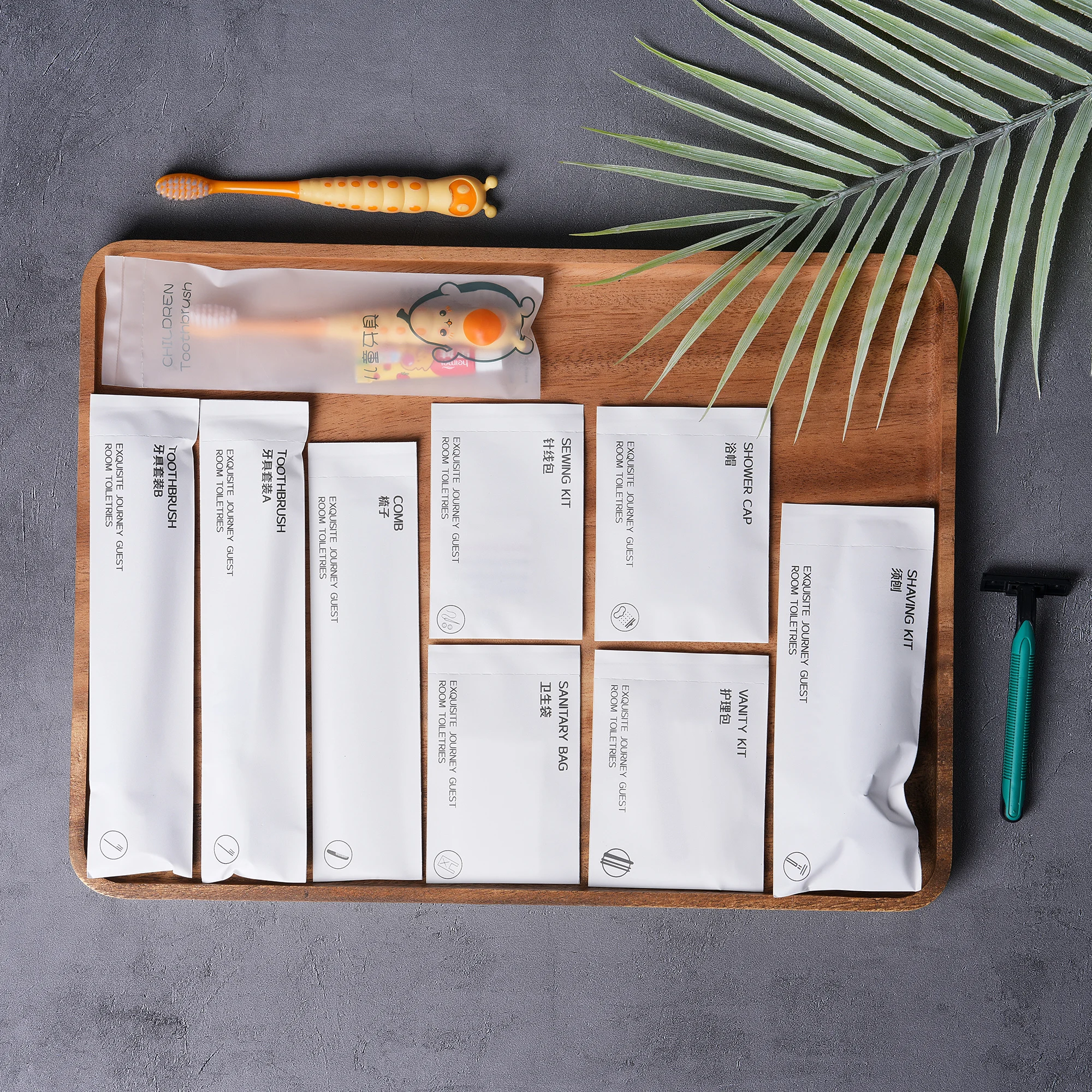 Luxury Hotel Supplies Wholesale Biodegradable Bag Over 8 Piece Set Children Toothbrush Custom Hotel Toiletries Set