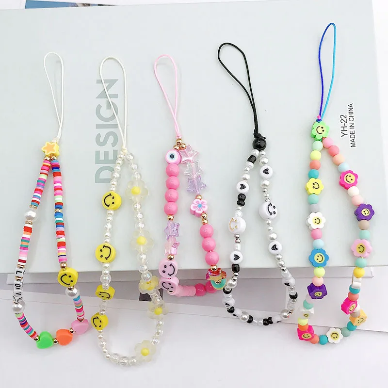 Hot selling polymer mobile phone chain DIY ellphone strap mobile phone rope hand beads smiling face to prevent losing rope