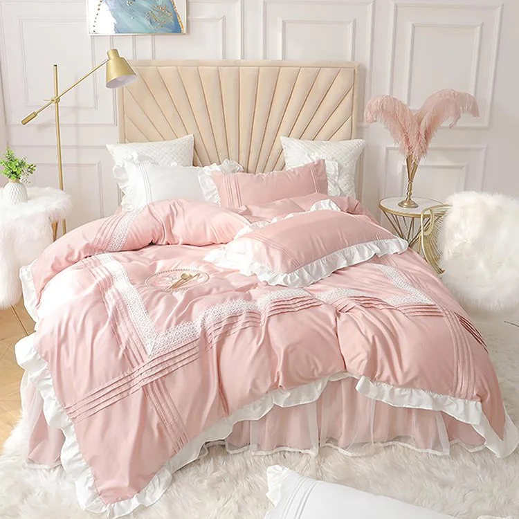 Princess Style Bedding Light Luxury Suit Lace Quilt Cover Sheet Four - piece Girl Heart Cotton Pure Cotton Bed Skirt Bedding AB