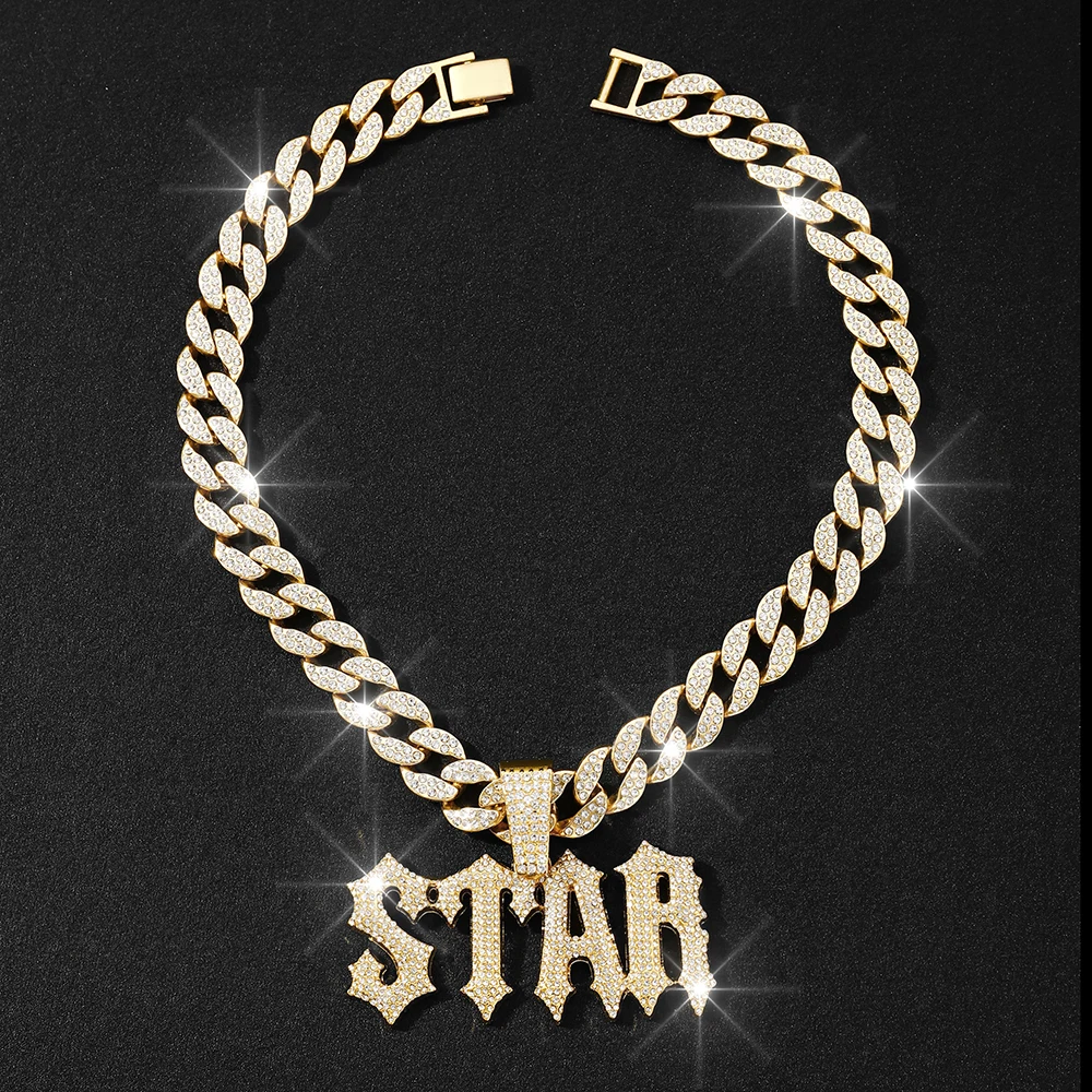 Mens Cuban Link Chain STAR Letter Pendant Necklace Silver Gold Plated Bling Iced Out Chain