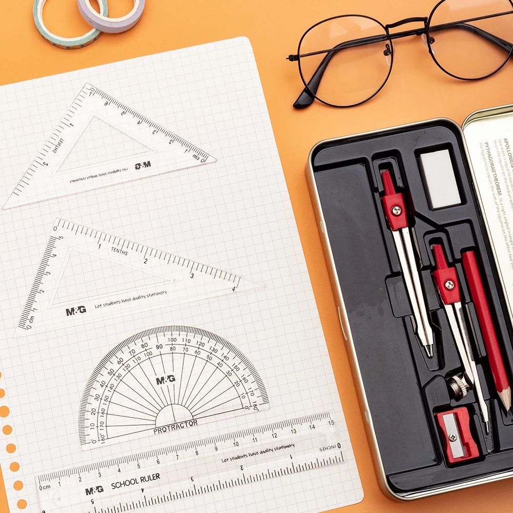 M&G Compasses Rulers Eraser Sharpener Pencil Timetable Metal Box Packing 10 Pcs Student Chinlden Math