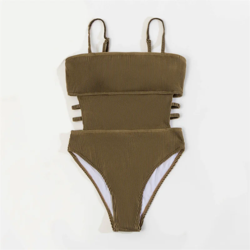 Sexy Deep V Sleeveless One Piece Bikini Swimwear Solid Khaki White Bodysuit Bandage Bathing Suit Girl Bikini Beachwear Swimwear