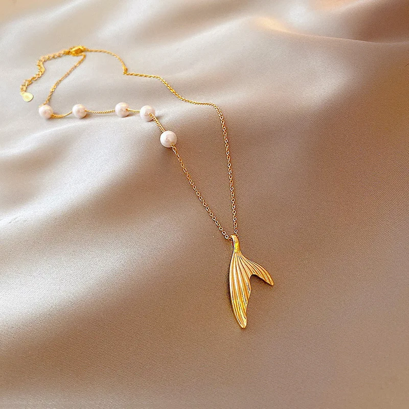 Waterproof Stainless Steel 18K Gold Plated Jewelry French Imitation Pearl Fish Tail Pendant Necklace Non Tarnish