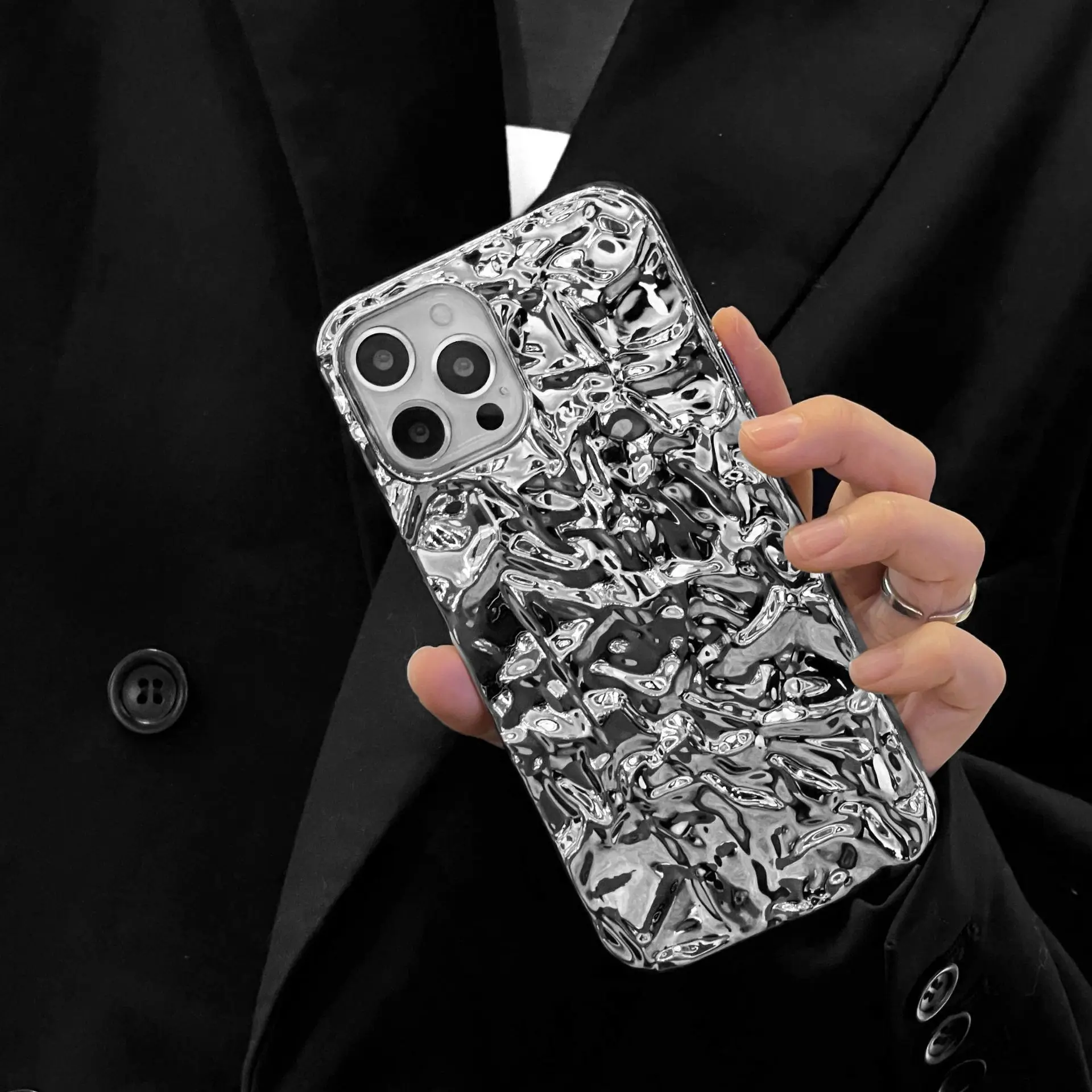 Luxury Fashion Silver Tin Paper Phone Case for iphone 14 13 11 12 Pro Max Water Ripple Liquid Metal Shockproof Soft Cover