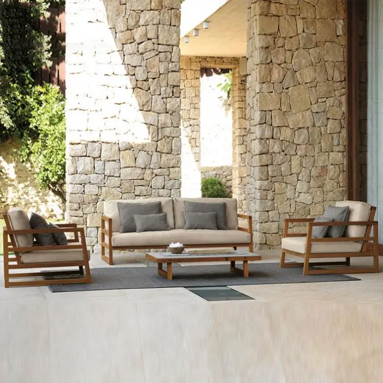 Modern Teak Wood Garden Furniture Waterproof Fabric Sectional Wood Outdoor Sofa With Coffee Table Set Patio Outdoor Furniture