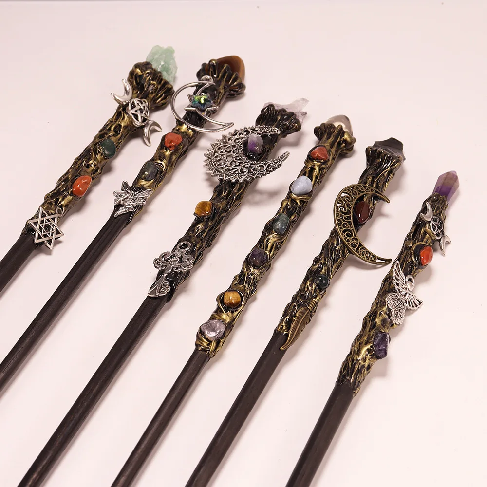 32cm Natural Crystal Fairy Wand Gravel Double Headed Magic Wand Retro Wiccan Accessory Magic Wand