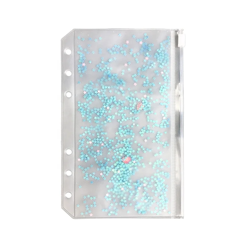 Binder pvc pockets glitter holes zipper folders a6 size notebook binder loose leaf bags waterproof pouch document filing