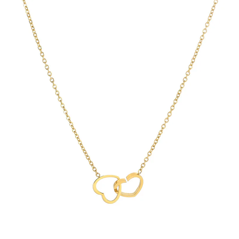 Elegant Ladylike Heart Collarbone Necklace Double Hollowed Heart Gold Fine Chain Stainless Steel Necklace Non Fading