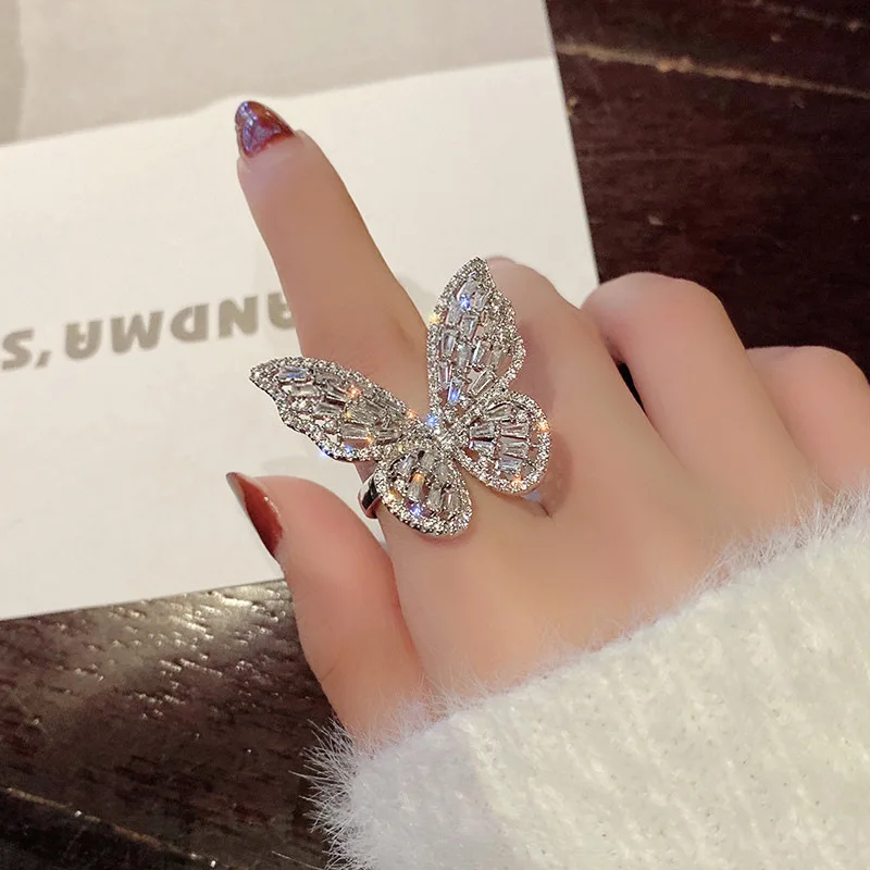 2021 Jewelry Women Beautiful CZ Micro Zircon Butterfly Open Ring Silver Rhinestone Vibrator Butterfly Ring For Party