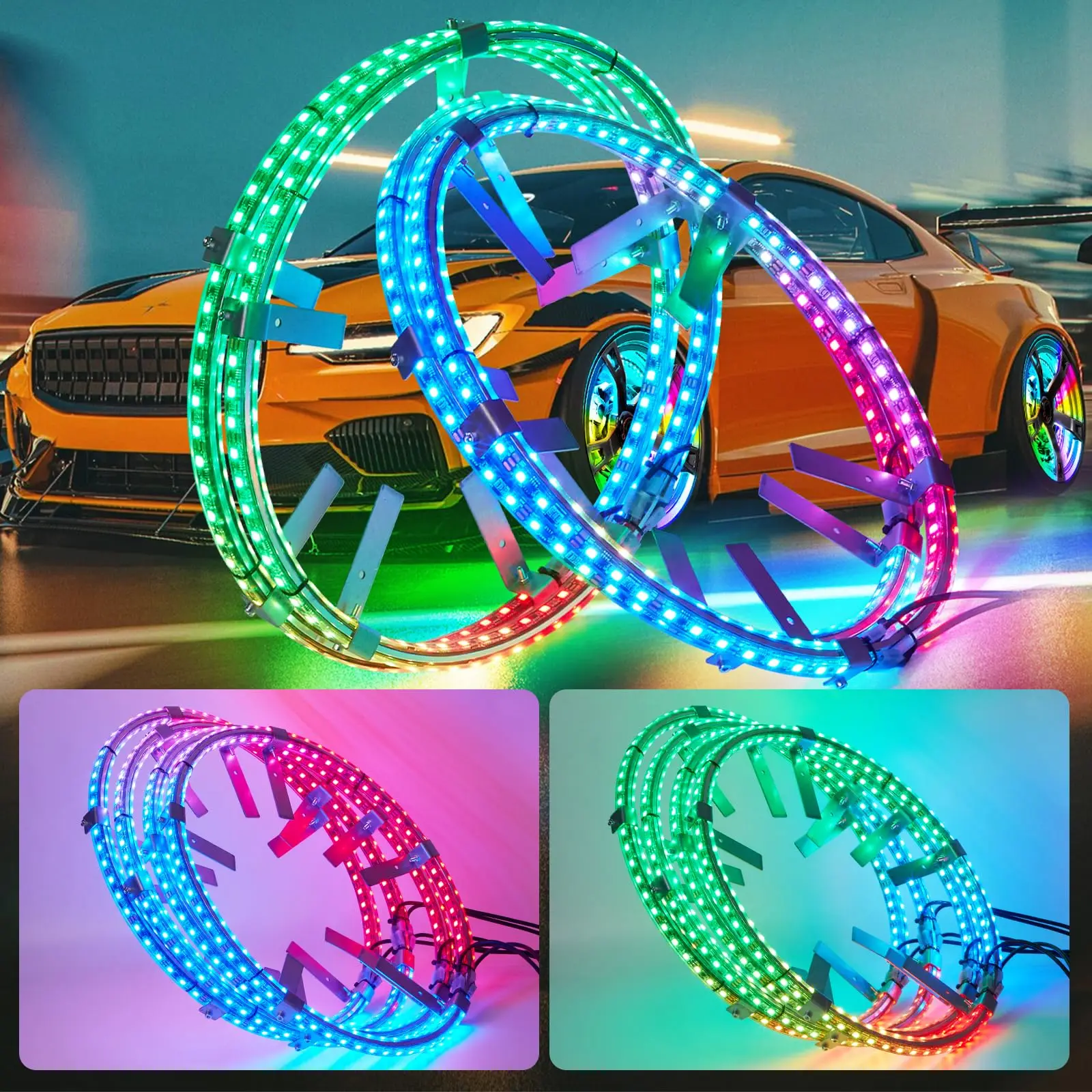 LED Dream Chasing Colors L/R turn signal and brake backlight 2-row wheel rim RF/APP flow neon strip light decoration kit