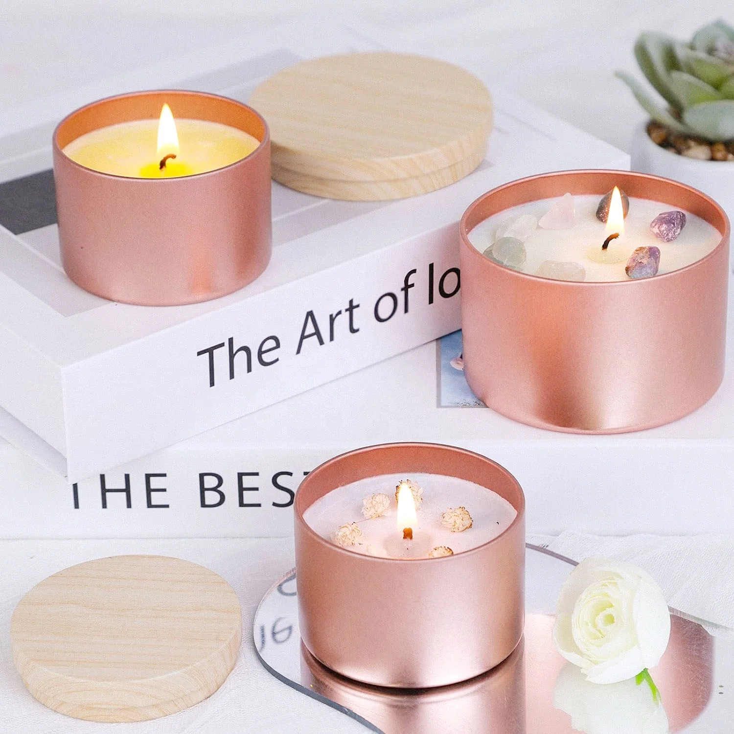 Premium Rose Gold Empty Round Jewelry Crafts Storage Gift Metal Box 4 Ounce 8 Ounce Candle Tin Can with Lid