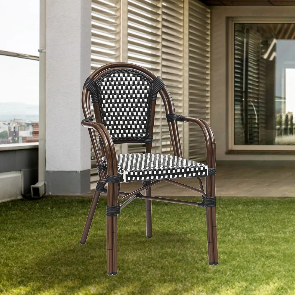 Outdoor Europe French Bistro Comfort Outdoor Furniture Rattan Bamboo Cafe Restaurant Garden Wicker Patio Chairs With Handle