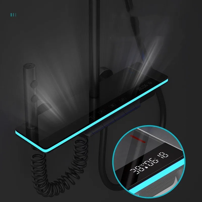 Gun Gray Wall Mounted Rainfall Shower Set Bathroom Waterfall Digital Display Shower Faucet Led Lighting Design Shower System