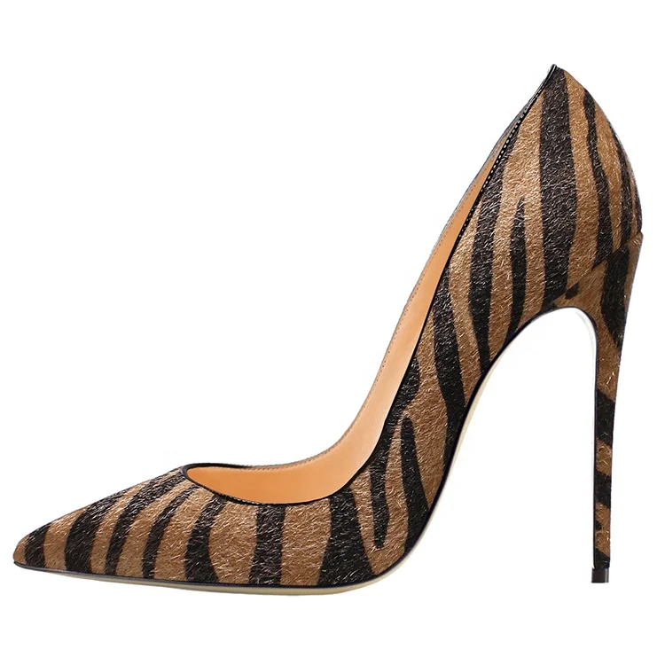 Animal print faux horse hair mature women high heel dress shoes pointy toe sexy high-heeled shoes