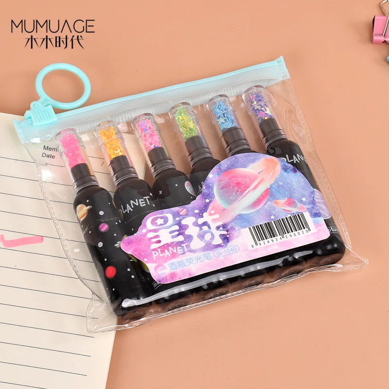 Highlighters Chisel Tip Glitter Ink Colors Kawaii Cute Cartoon Highlighter Pen Set for Student Kid Stationery 6 pack