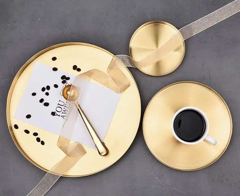 Custom Nordic style home supply large round stainless steel golden serving tray