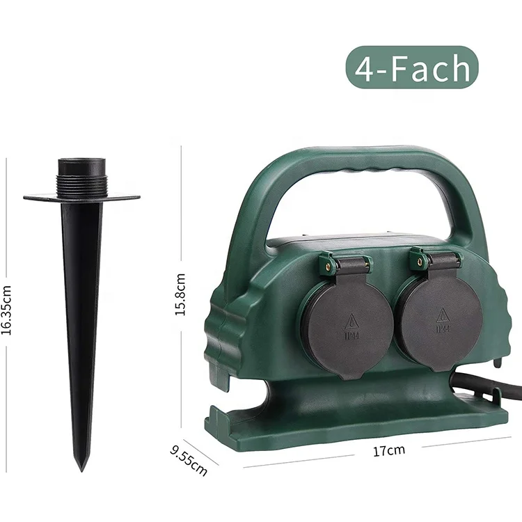 Garden Socket 4-Way IP44 with Carry Handle and Ground Spike Outdoor Socket with Rubber Cable Power Distributor