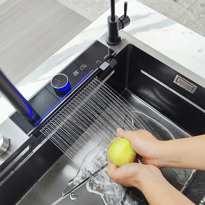 Smart Stainless Steel Nano Step Dark Grey Sink kitchen Temperature Display Piano Key Waterfall Kitchen Sink without electricity
