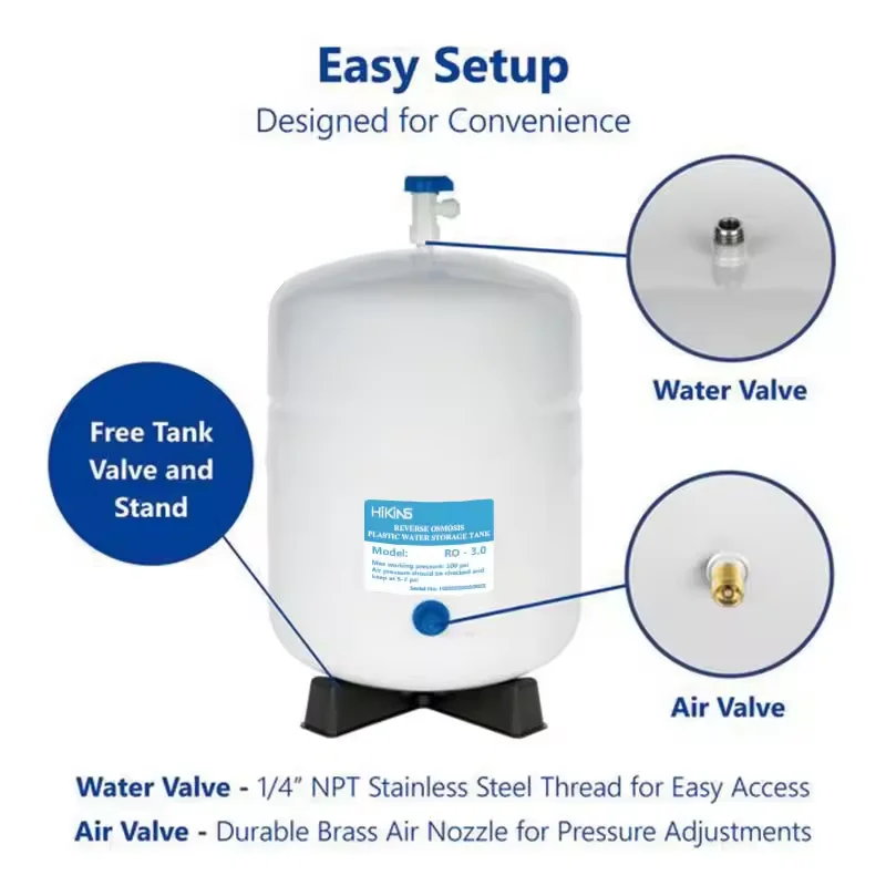 Hikins 3.0Gallon PP Plastic RO Water Pressure Bladder Tank For Drinking Water Storage