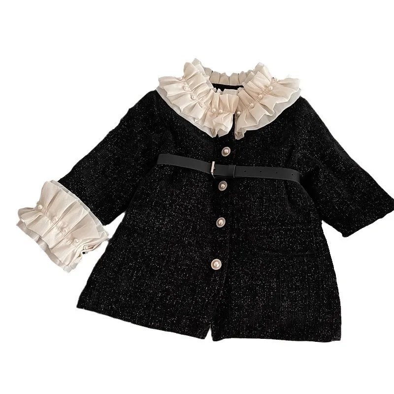 Winter new girl black waist long lace collar coat girl lovely long skirt