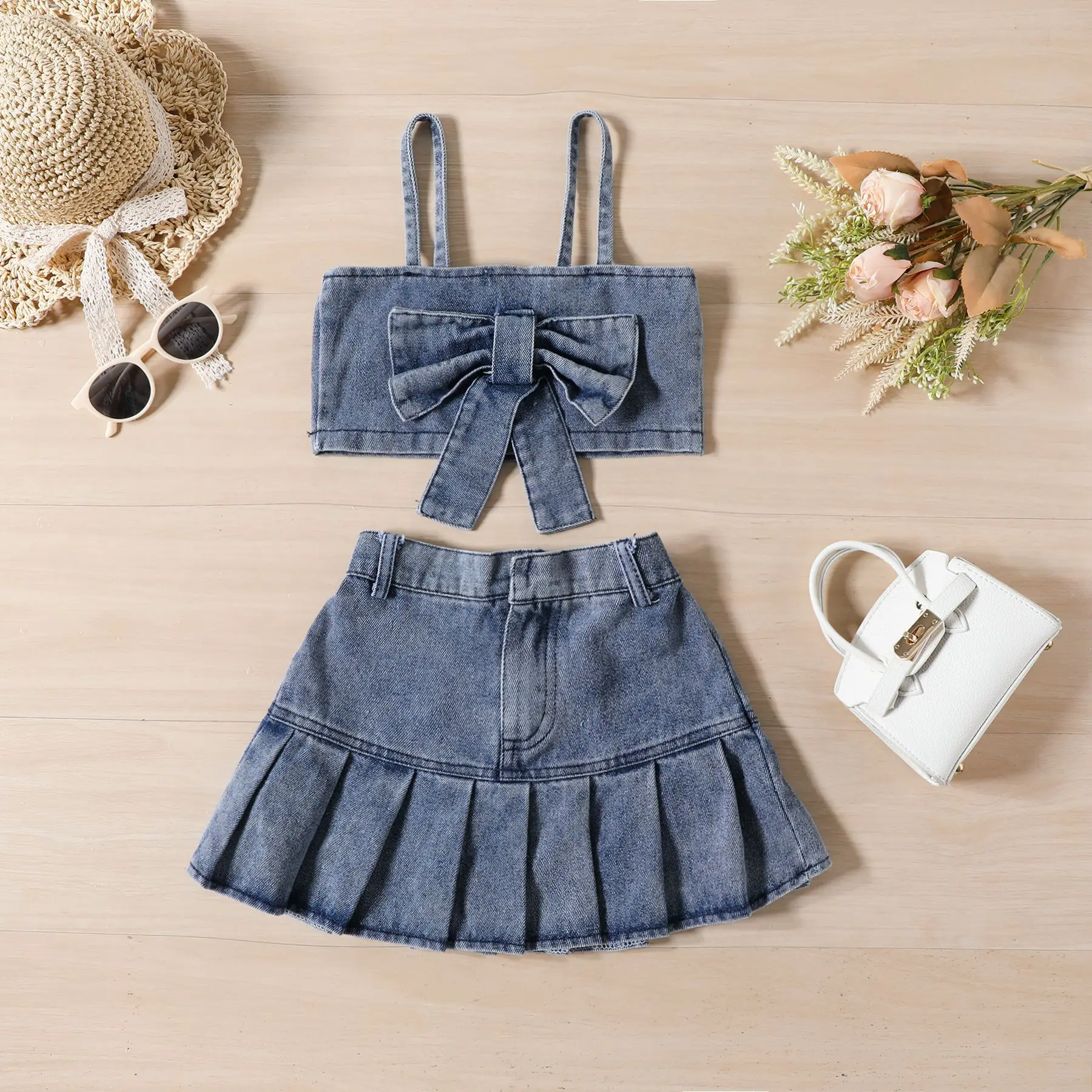New Design Summer Toddler Girls Baby Crop Top and Skirt Girl Fashion Denim Skirt Suit 2 PCs Clothing Set For Kids Outfit