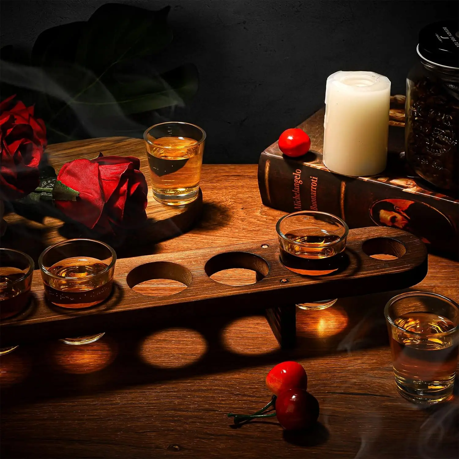 Wooden Holder for Drinking Wood Shot Cup Tray Tequila Glass Set with Tray Whiskey Flight Board