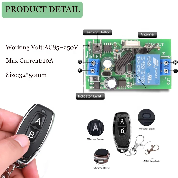 Wireless Remote Control Switch AC 220V 1CH relay 433Mhz Receiver Module For learning code Transmitter Remote