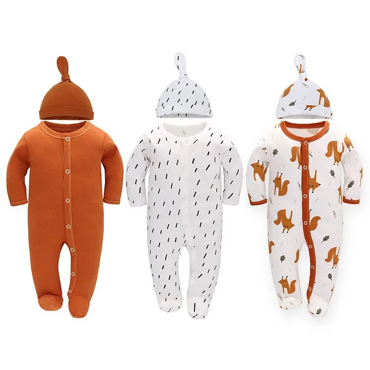 3 piece/lot snap button printed cotton jumpsuit breathable long sleeve Autumn foot cover baby rompers