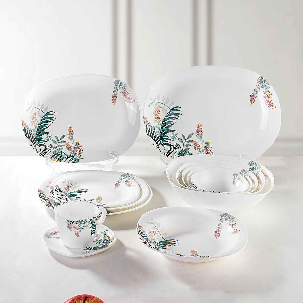 Tempered heat resistant 12/14 inch oval white opal glass plate dinner set dish flat plates with flower decal design