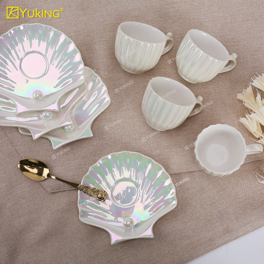 Pearl shell color coffee cup European creative coffee cup saucer Ceramic cup Gift ins Afternoon tea set Tea kitchenware Dinner p