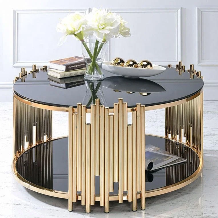 Luxury Round Coffee Table Sets Living Room Stainless Steel Furniture Black Glass Centre Coffee Table