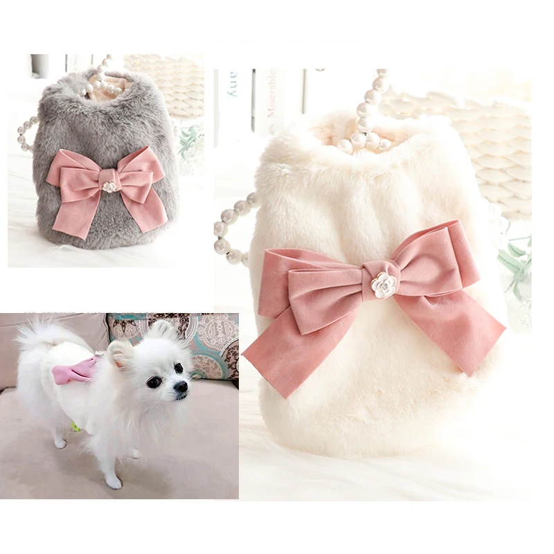 Noble dog clothes autumn and winter clothes cat princess cotton coat rabbit plush bow fragrant wind small dog Teddy pet
