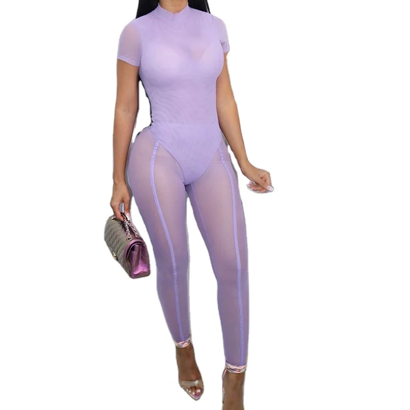 2022 Summer Women See Through Mesh Two Pieces Suits Mature Sexy Bodysuit Solid Color 0-Neck Short Sleeve Tops Slim Long Pants