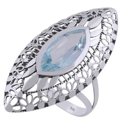Stunning Jali Design Pattern Around Larimar Marquise Shape 925 Sterling Solid Silver Ring Eternity Vermeil Fine Rings