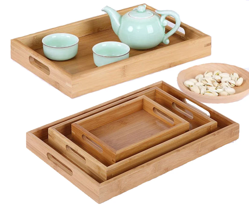Оптовая продажа, высокое качество, деревянная тарелка из натурального бамбука, поднос для еды с ручками, деревянный поднос
