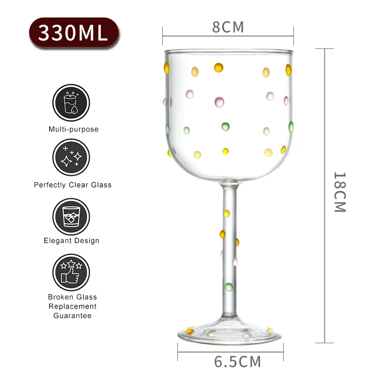 Novelty Cocktail Crystal Clear INS Polka Dot Glass Goblet Lead Free Stemed Colorful White Red Wine Glasses Set of 6 for Wedding