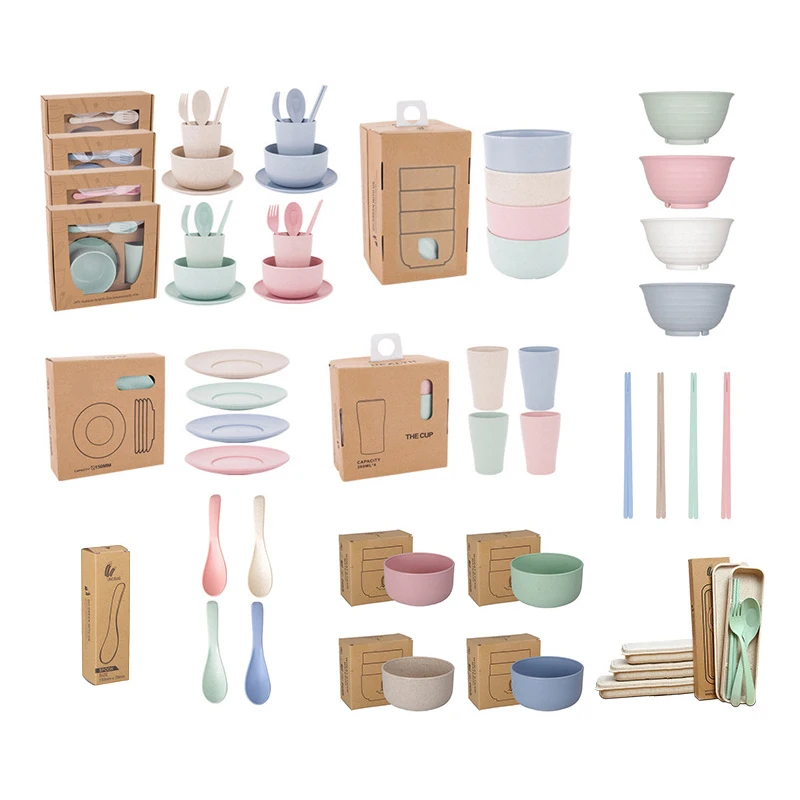 Tengyuan, экологически чистый комплект посуды из пшеничной соломы, кухонные чашки, тарелки, миски, ложки, вилки, палочки для еды
