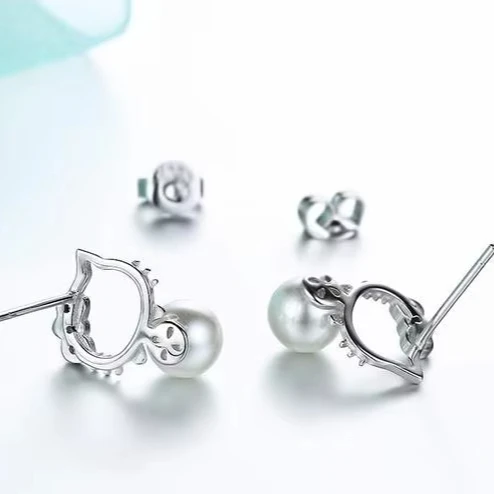 Cute Natural Pearl Hello Kitty Cat Stud Earring Jewelry Silver Plated 18K White Gold Hello Kate Cat Earrings for Baby Girl