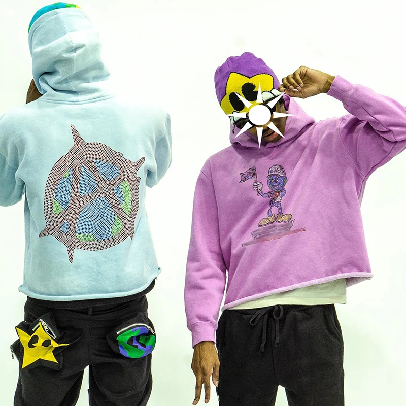 Custom men sweatshirts hoodies no string cut and sew oversized pullover french terry cotton cut edgs raw hem rhinestone hoodie