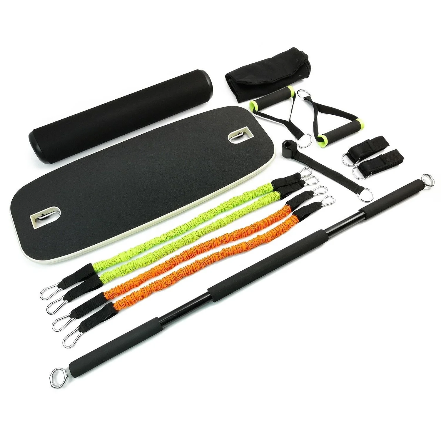 Fitness Set with Wooden Balance Board and Elastic Resistance Bands and Collapsible Pull Up Bar for Whole Body Exercise