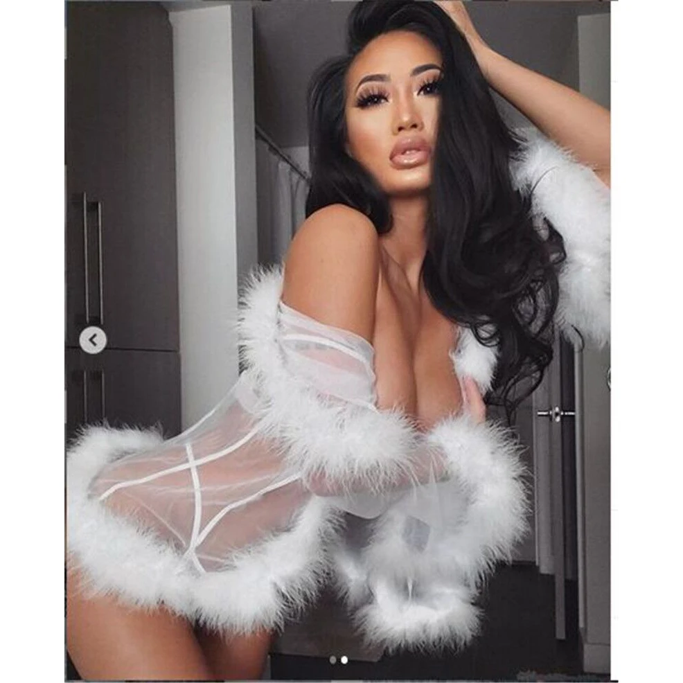 Free Shipping 3 Sets!!  2022 hot sale New Arrival Long Hot Women Femme Fur Sheer Robe Mesh Trim Sexy Lingerie