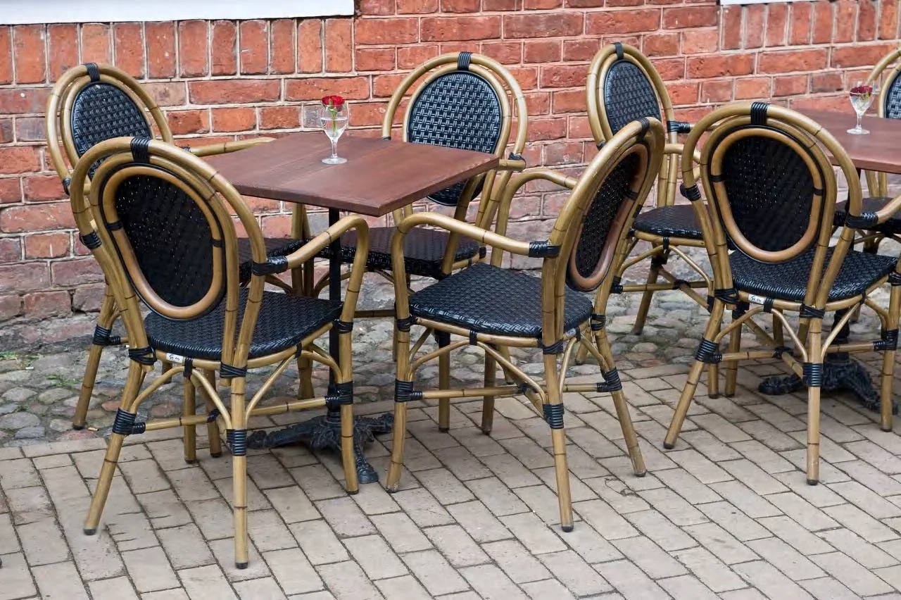 Patio Stacked French wicker Rattan Woven Cafe chairs French style Blue and white rattan woven bistro chairs for outdoor use