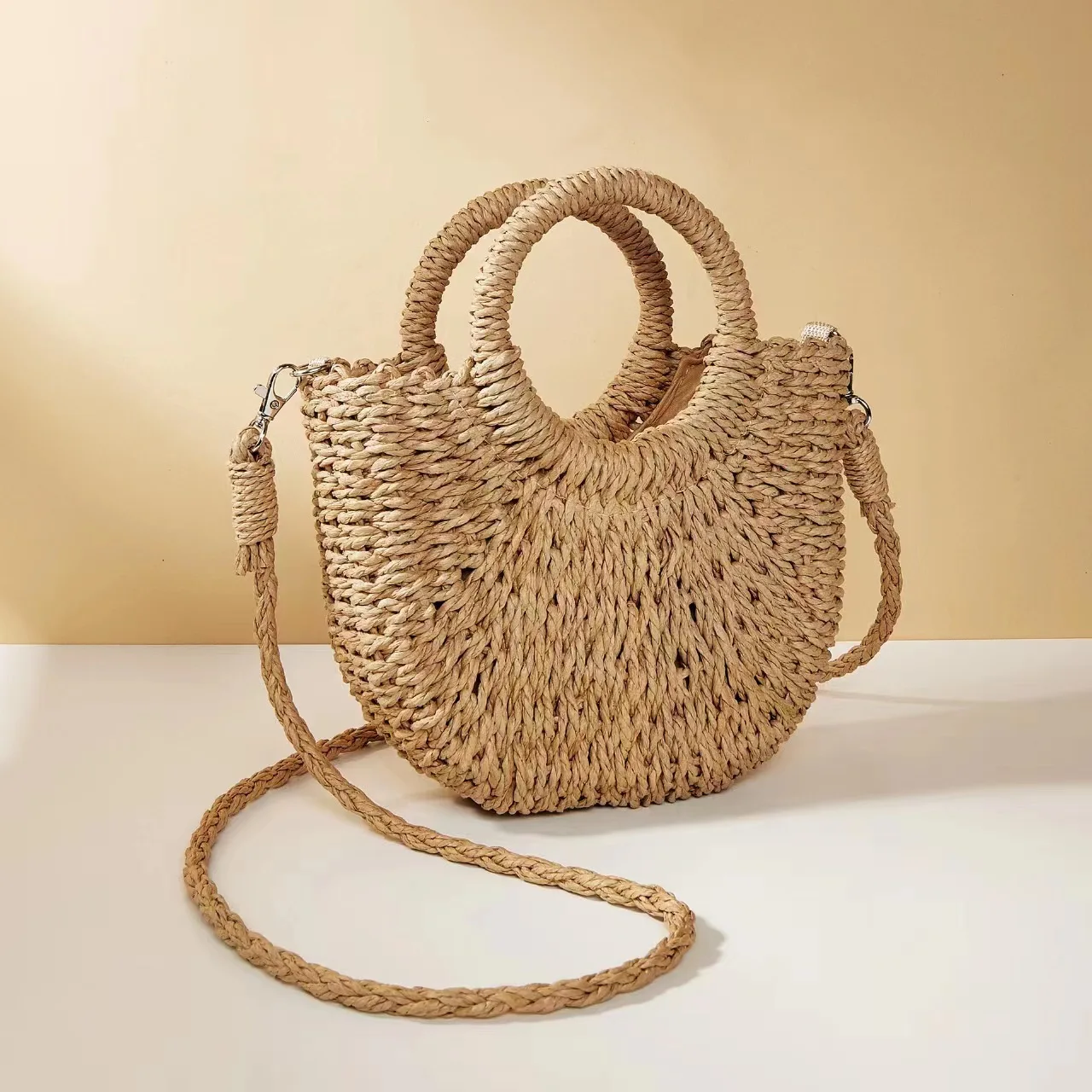 Multi-color Mini Semi-circle Hand-woven Women Summer Retro Beach Tote Shoulder  Straw Bag Crossbody Travel Beach