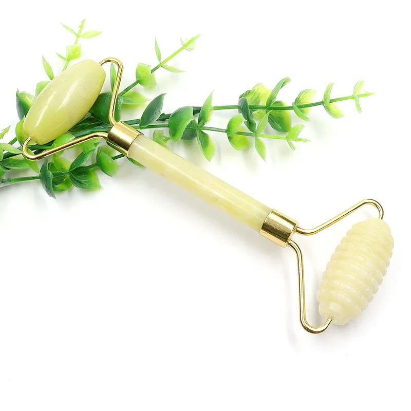 Custom  Natural Green Xiuyan Guasha Stone Jade Roller Facial Massage Gua Sha Tool Jade Massager Roller with Teeth
