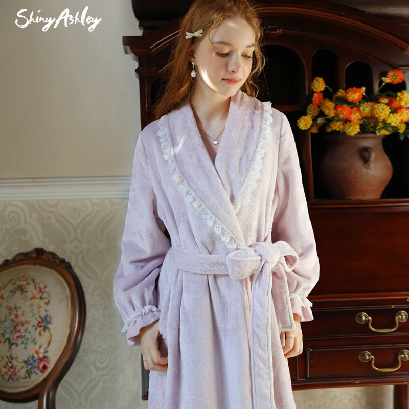 Long bathrobe for autumn-winter Princess with a French superior sense of warm dressing gown for girls with long sleeves pajamas
