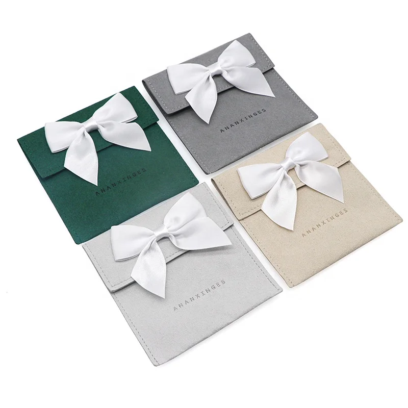 2022 Newest bow pouch Suede microfiber jewelry pouches with velvet foam insert pad and box